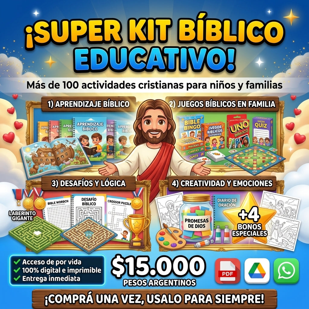 Super Kit Bíblico Educativo: +100 Actividades, Juegos y 4 Bonos de Regalo